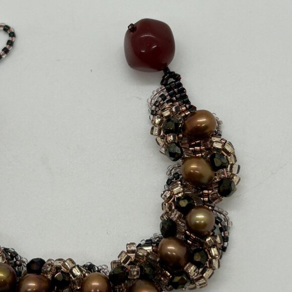 Vintage Woven Beaded Bracelet With Freshwater Pearls & Carnelian Bead Accent - Picture 4 of 14